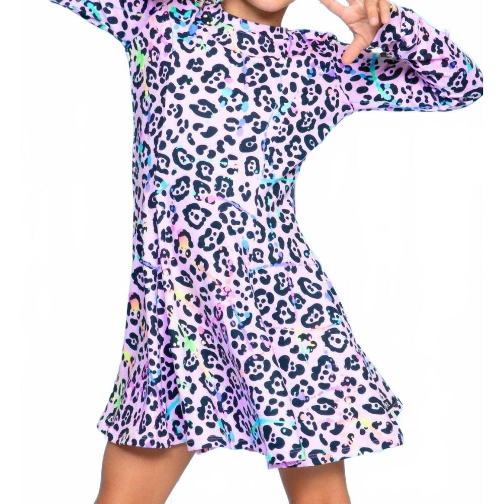 NEW PIXIE LANE simply soft long sleeve twirl dress in neon pink leopard splatter